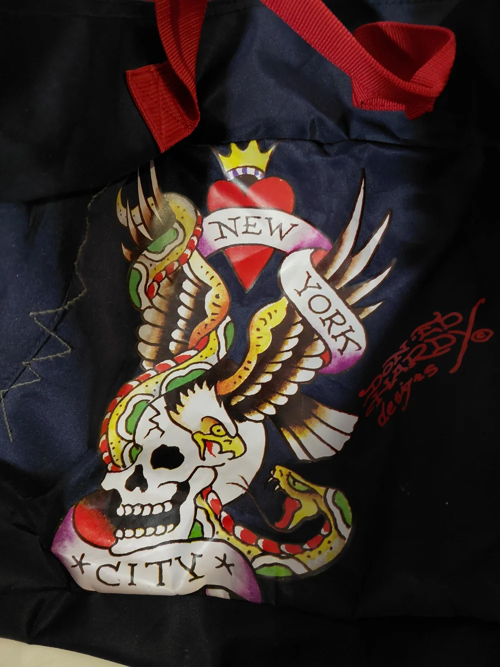 Ed Hardy Navy and Red New York Graphic Duffel Bag